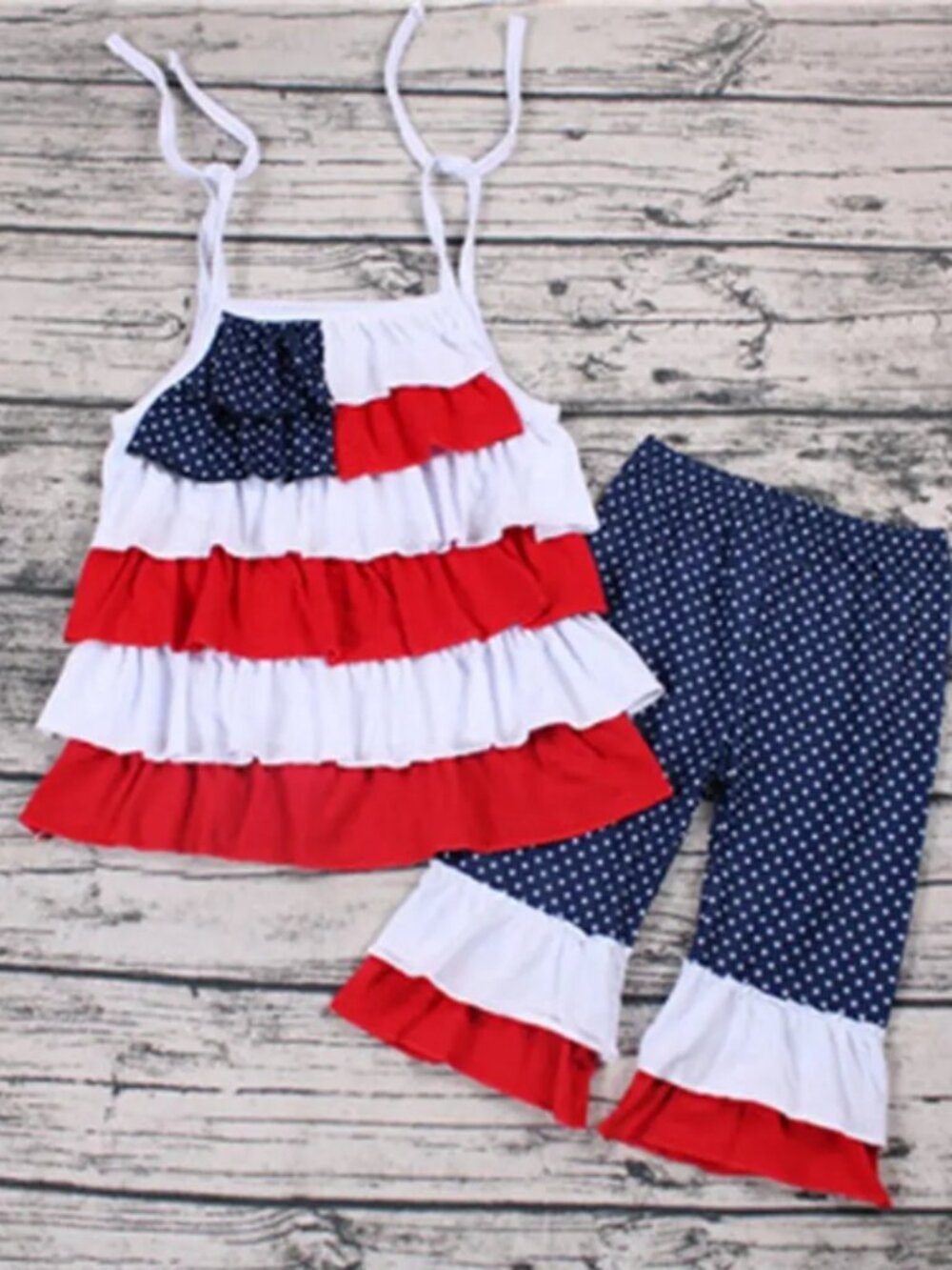 Boutique Patriotic 4th of July Ruffle Tunic Dress Leggings Girls Outfit Set